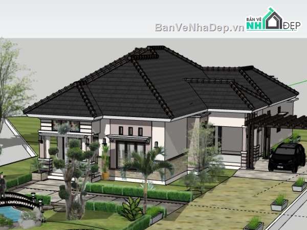 Biệt thự 1 tầng,model su biệt thự 1 tầng,biệt thự 1 tầng file su,sketchup biệt thự 1 tầng,biệt thự 1 tầng sketchup