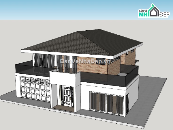 biệt thự 2 tầng,phối cảnh biệt thự,biệt thự hiện đại,sketchup biệt thự