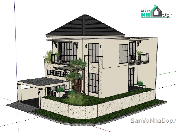 Biệt thự 2 tầng,model su biệt thự 2 tầng,file sketchup biệt thự 2 tầng