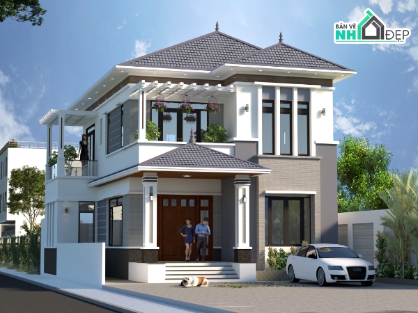 biệt thự 2 tầng,sketchup biệt thự,Mẫu nhà mái nhật 10x14m,Mẫu biệt thự 2 tầng mái nhật,File sketchup biệt thự 2 tầng