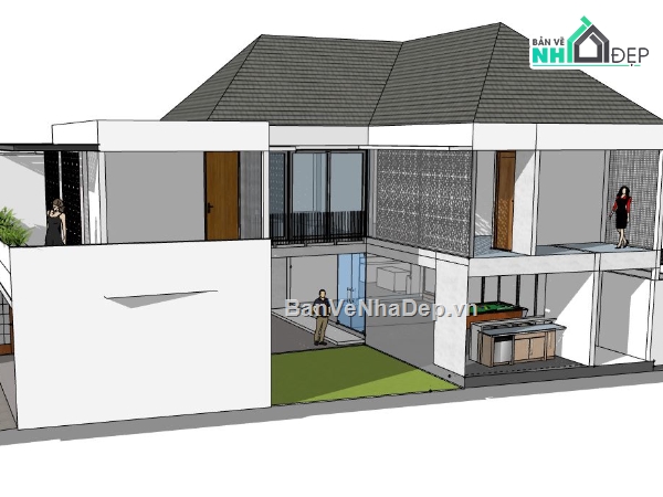 su biệt thự 2 tầng,sketchup biệt thự 2 tầng có hồ bơi,model biệt thự 2 tầng su