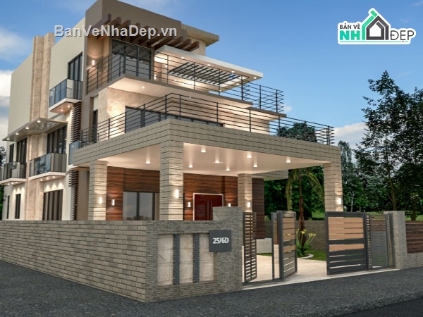 biệt thự 3 tầng,file sketchup biệt thự 3 tầng,biệt thự hiện đại