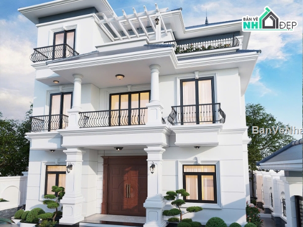 Bản vẽ biệt thự mái nhật,biệt thự 3 tầng mái nhật,biệt thự 3 tầng full file