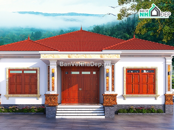 Biệt thự,File cad biệt thự 1 tầng,bản vẽ biệt thự 1 tầng