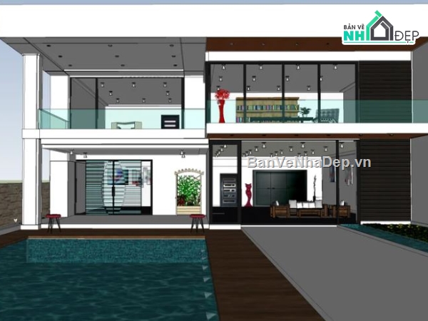 Villa hồ bơi file sketchup,biệt thự 2 tầng sketchup,model su biệt thự 2 tầng,biệt thự 2 tầng file su