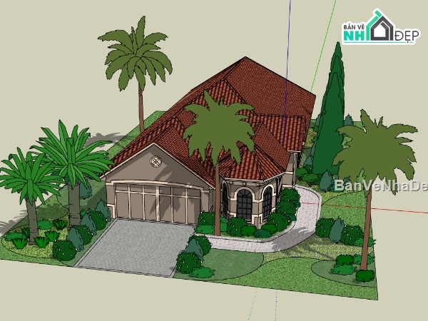file su biệt thự vườn 1 tầng,thiết kế biệt thự 1 tầng file sketchup,biệt thự 1 tầng dựng model su