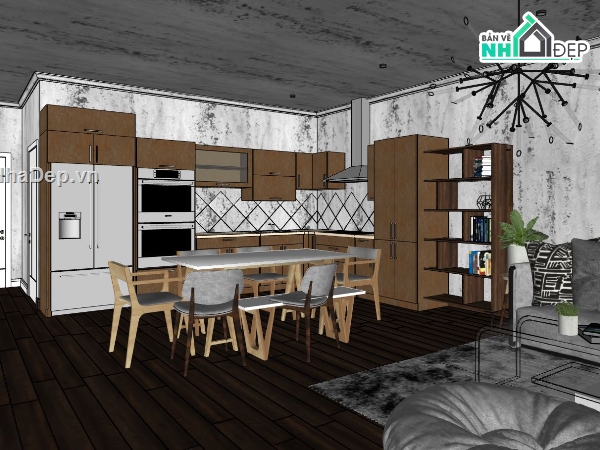 sketchup phòng khách,thiết kế phòng khách hiện đại,su phòng khách bếp liền kề,3d su nội thất phòng khách