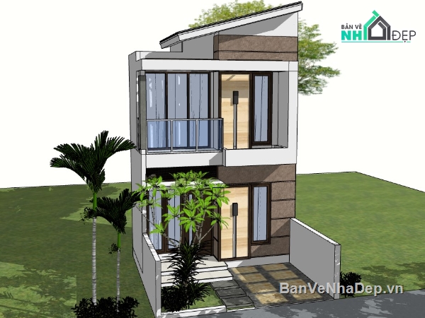 Thiết kế nhà phố,nhà phố 2 mặt tiền,nhà 2 tầng mặt phố,nhà phố sketchup,sketchup nhà phố 2 tầng