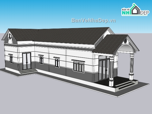 nhà chữ L,nhà 1 tầng,su nhà 1 tầng,sketchup nhà 1 tầng