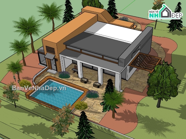 mẫu nhà 1 tầng,nhà đẹp 1 tầng,sketchup nhà 1 tầng