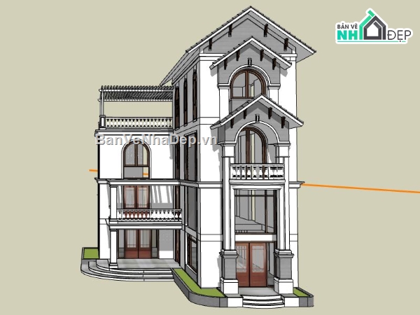 nhà chữ L,nhà 4 tầng chữ L,sketchup nhà chữ L