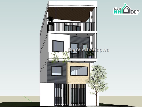 nhà phố 3 tầng,sketchup nhà phố,mẫu 3d nhà phố,phối cảnh nhà phố 3 tầng