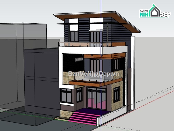 Nhà phố 3 tầng,Model su nhà phố 3 tầng,sketchup nhà phố 3 tầng