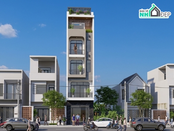nhà phố 5 tầng,nhà phố sketchup,nhà 5 tầng,Mẫu nhà phố,Thiết kế nhà phố 5 tầng