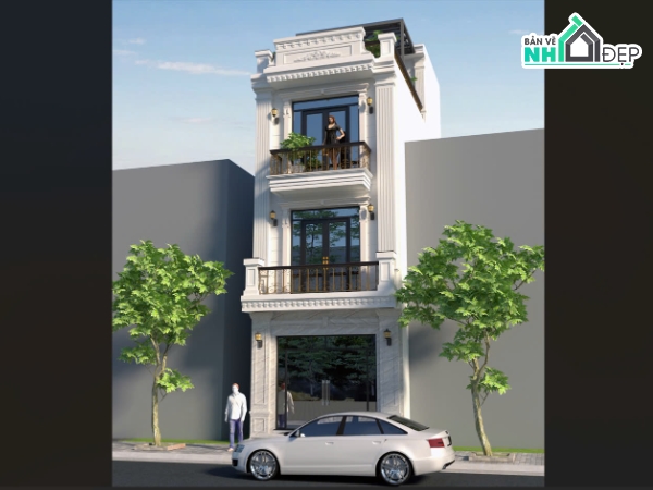 nhà phố 4 tầng,Nhà phố tân cổ điển 4 tầng,Bản vẽ nhà phố 4.7x9.5m tân cổ điển,Mẫu nhà phố tân cổ điển,NHà phố tân cổ điển 4 tầng