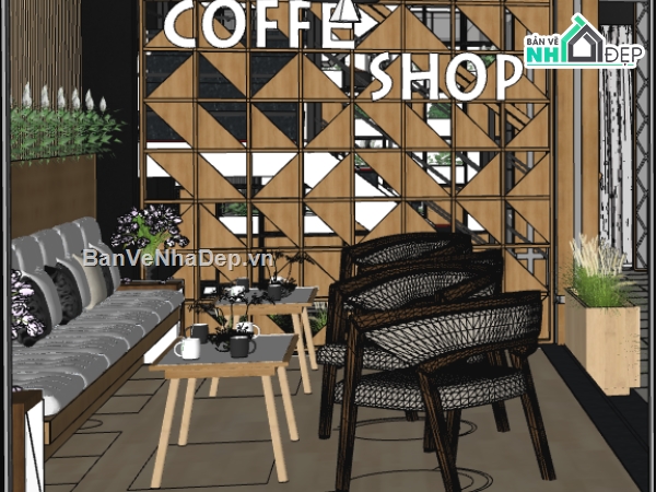 Thiết kế nội thất quán coffee file su,quán coffee sketchup,mẫu sketchup nội thất quán coffee
