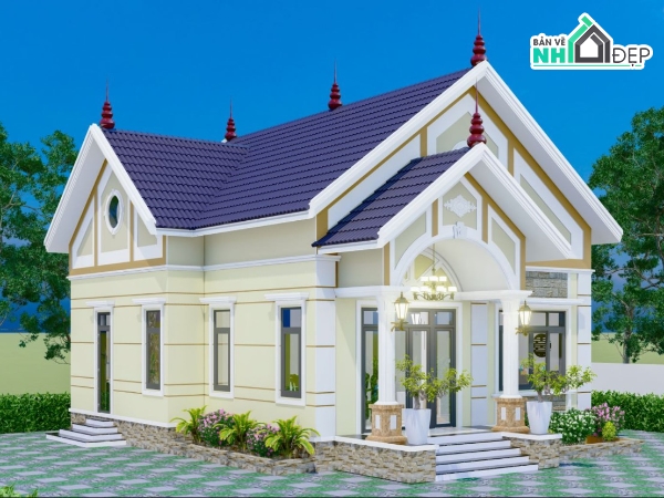 mẫu revit nhà đẹp,mẫu revit nhà mái thái,revit nhà 1 tầng,thiết kế revit nhà vườn,Biệt thự mái thái 1 tầng,file revit biệt thự mái thái