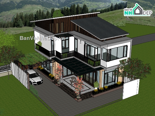 biệt thự 2 tầng,su biệt thự,sketchup biệt thự