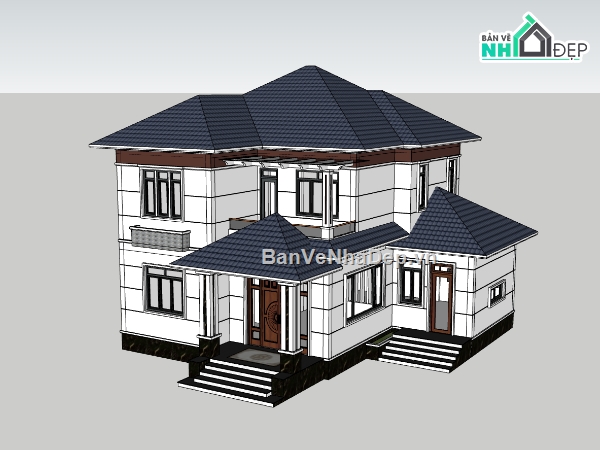 biệt thự 2 tầng,biệt thự 2 tầng mái nhật,sketchup biệt thự 2 tầng