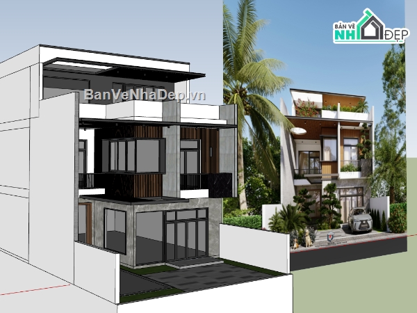 biệt thự 3 tầng,su biệt thự,sketchup biệt thự,su biệt thự 3 tầng