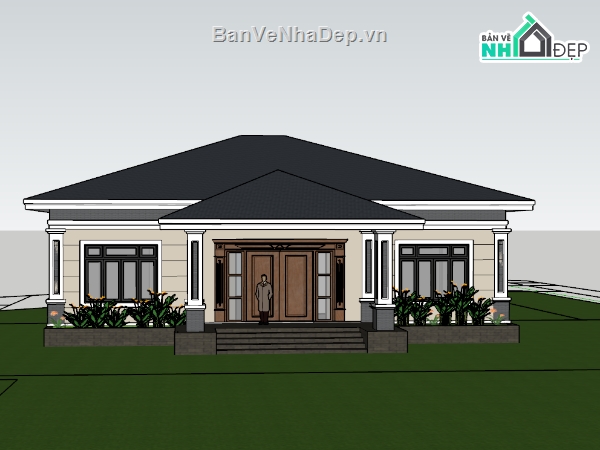 biệt thự 1 tầng,su biệt thự,sketchup biệt thự