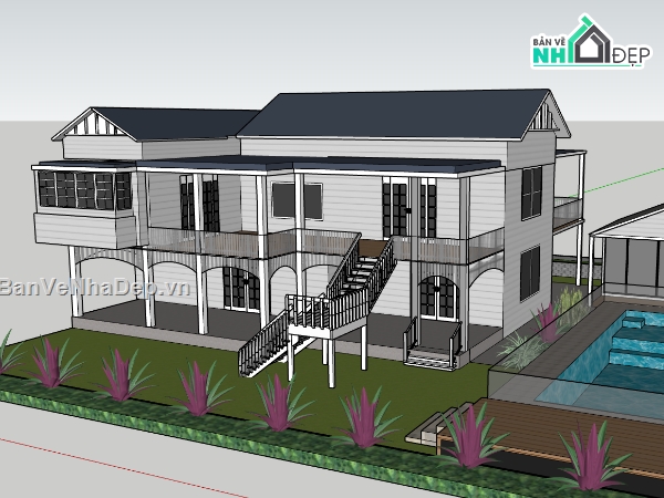 biệt thự 2 tầng,su biệt thự,sketchup biệt thự