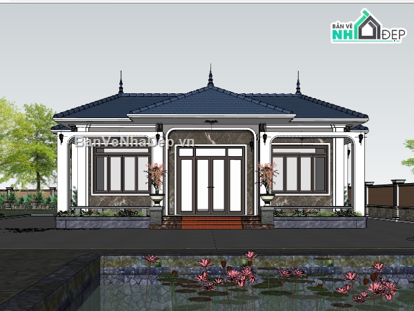 biệt thự đẹp,biệt thự 1 tầng,biệt thự sketchup,sketchup biệt thự 1 tầng,sketchup biệt thự