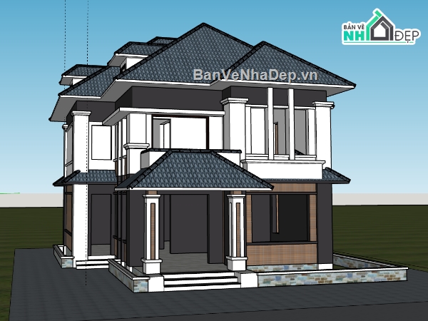 biệt thự 2 tầng,su biệt thự,sketchup biệt thự