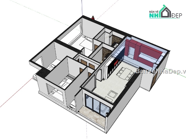 nhà phố 1 tầng,nhà phố sketchup,sketchup nhà 1 tầng,Mẫu thiết kế tầng 1