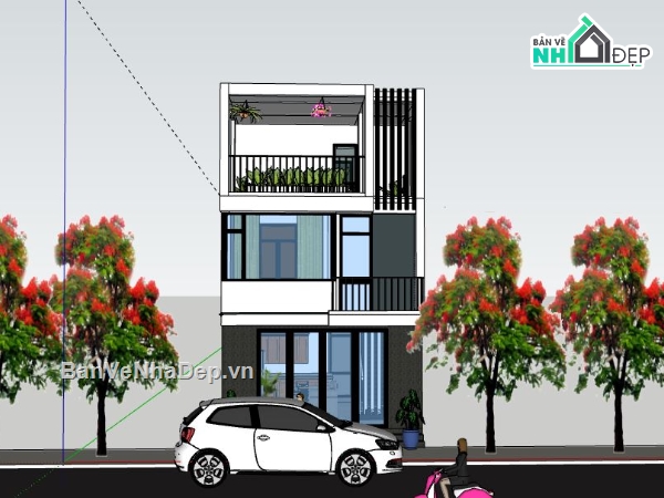 Nhà phố 3 tầng,Model su nhà phố 3 tầng,sketchup nhà phố 3 tầng