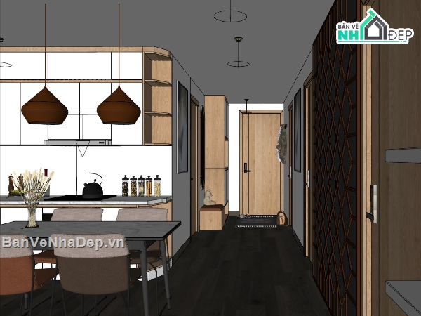 nội thất chung cư sketchup,sketchup nội thất phòng khách,mẫu sketchup nội thất phòng bếp,nội thất khách bếp