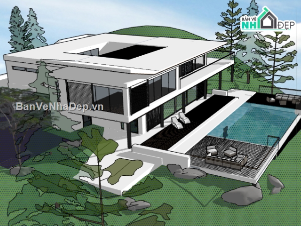 biệt thự 2 tầng dựng sketchup,thiết kế 3d nhà biệt thự 2 tầng,file sketchup mẫu biệt thự 2 tầng hiện đại