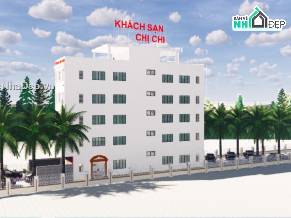 sketchup khách sạn,su khách sạn 4 tầng,khách sạn kích thước 7x24m