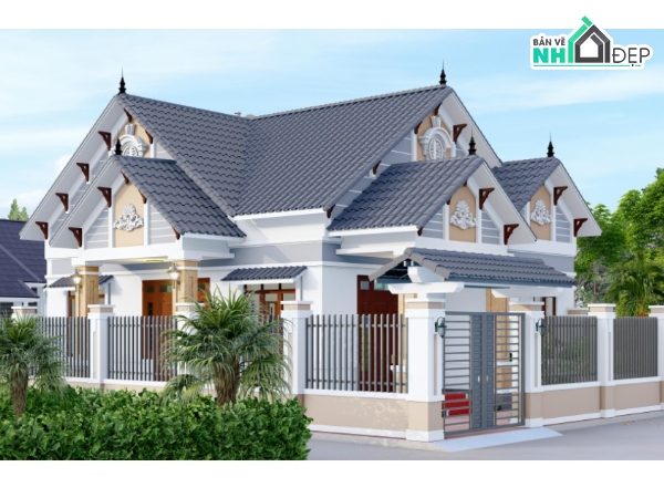 revit mẫu nhà mái thái,revit mái thái,biệt thự 1 tầng mái thái,revit nhà vườn