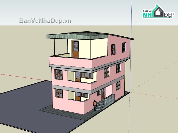 nhà phố 3 tầng,sketchup nhà phố 3 tầng,mẫu nhà phố hiện đại