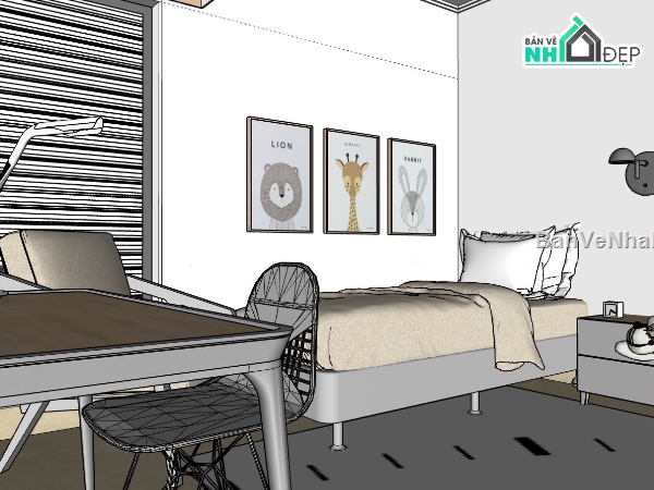 phòng ngủ sketchup,thiết kế phòng ngủ sketchup,mẫu phòng ngủ đơn giản,file su phòng ngủ đẹp