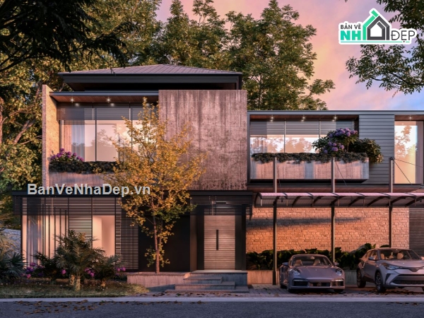 biệt thự hiện đại,biệt thự 2 tầng,mẫu biệt thự 2 tầng,file sketchup biệt thự 2 tầng,biệt thự 17x18m