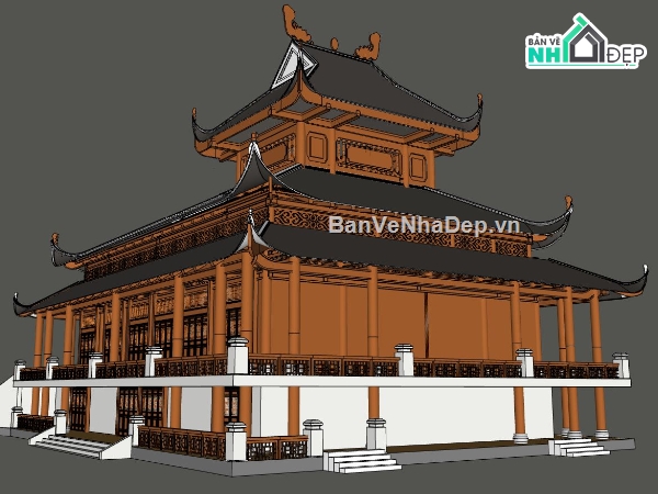 sketchup thiết kế chùa,mẫu dựng su chùa đẹp,file sketchup chùa,phối cảnh 3d chùa