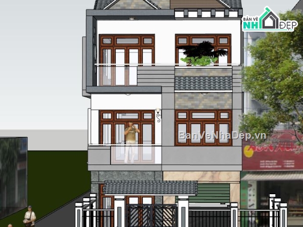 nhà phố 2 mặt tiền,nhà phố 3 tầng,model sketchup nhà phố 3 tầng,phối cảnh nhà phố 3 tầng