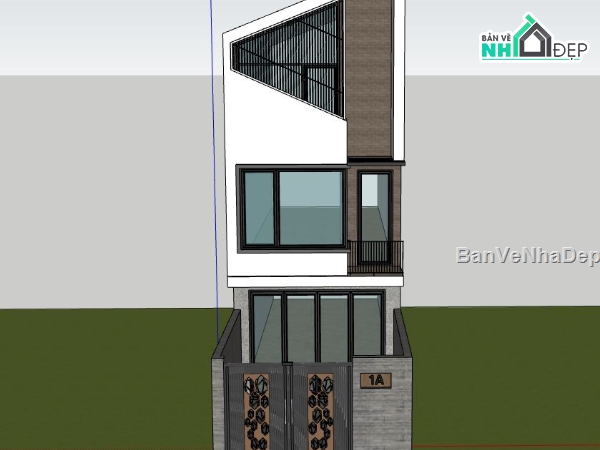 Sketchup nhà phố 3 tầng,nhà phố 5x14.2m,thiết kế nhà phố hiện đại