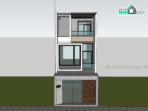 Sketchup nhà phố 3 tầng,nhà phố 5x16.8m,thiết kế nhà phố hiện đại