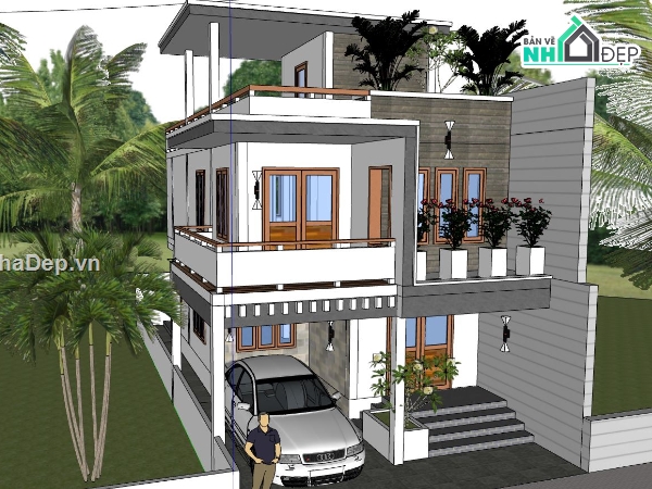 biệt thự 2 tầng,sketchup biệt thự,biệt thự 2 tầng mái bằng,ngoại cảnh biệt thự