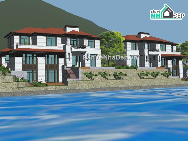 sketchup biệt thự 2 tầng,phối cảnh biệt thự 2 tầng,model su biệt thự 2 tầng,thiết kế biệt thự 2 tầng đẹp