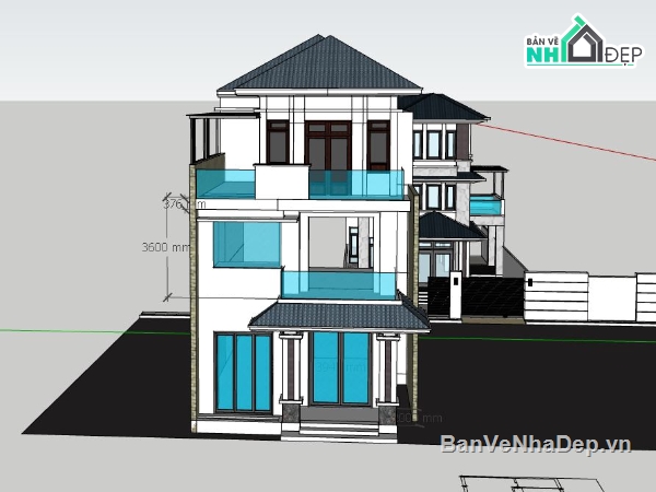 biệt thự 3 tầng,sketchup ngoại thất biệt thự,mẫu biệt thự hiện đại