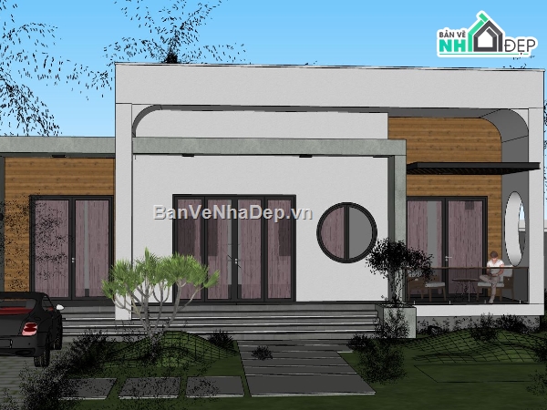 nhà cấp 4,nhà cấp 4 sketchup,ngoại cảnh nhà cấp 4