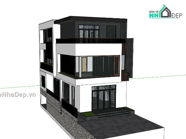 nhà phố 3 tầng,sketchup phối cảnh nhà phố,bản vẽ nhà phố