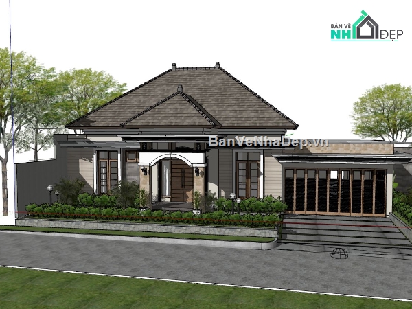 biệt thự 1 tầng,sketchup mẫu biệt thự 1 tầng,model biệt thự 1 tầng