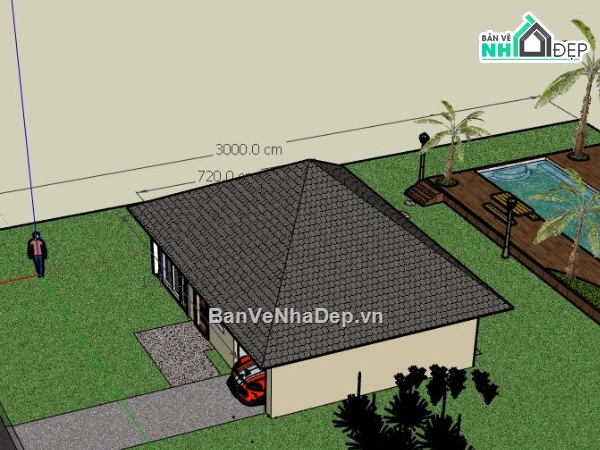 villa 1 tầng,phối cảnh villa 1 tầng,mẫu sketchup villa