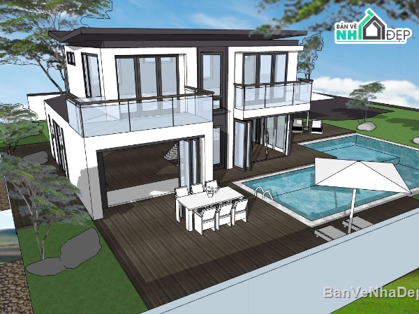 biệt thự 2 tầng,mẫu biệt thự 2 tầng,sketchup biệt thự 2 tầng