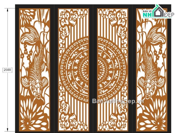 cổng cá chép,cổng 4 cánh,cổng 4 cánh trống đồng